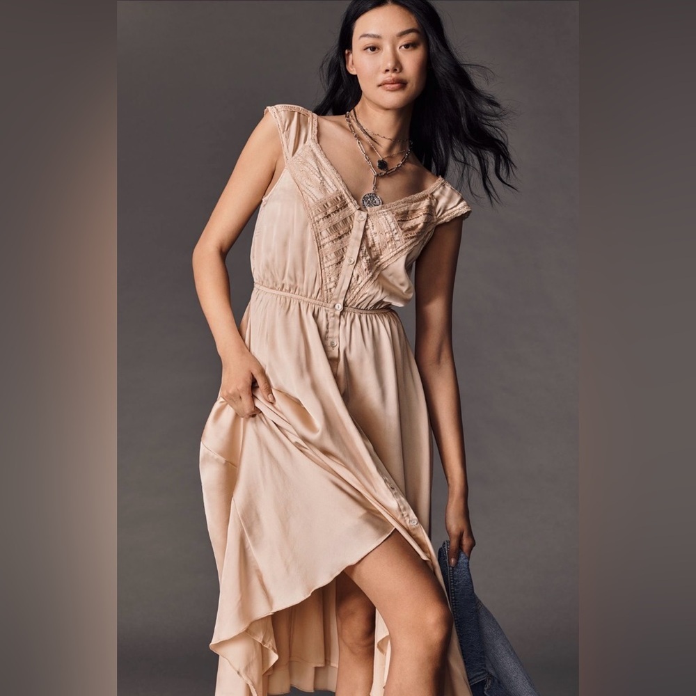 Anthropologie Boho Hanky Hem Button Front Midi Dress Beige M Cottagecore - Picture 2 of 11